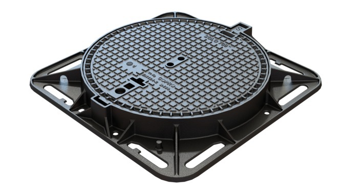 [EJTC.100COPRO-T6] EJ Schachtabdeckung aus Gusseisen, Durchmesser 700 mm – T400 – quadratischer Rahmen – Höhe 100 mm COPRO (Typ 6)