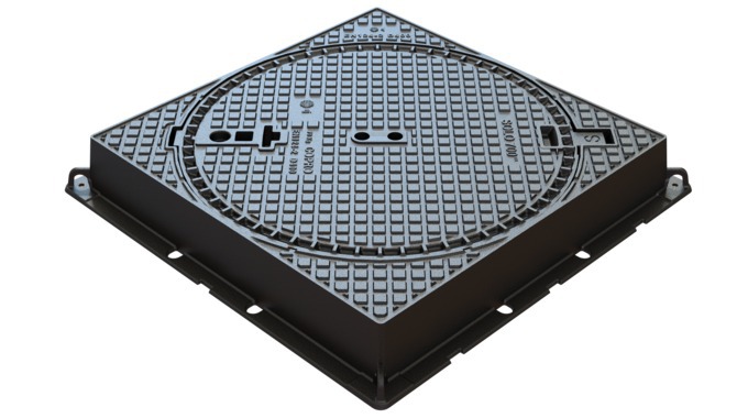 [EJTCA.100COPRO-T8] EJ Schachtabdeckung aus Gusseisen, Durchmesser 700 mm – T400 – sichtbarer quadratischer Rahmen – Höhe 100 mm COPRO (Typ 8)