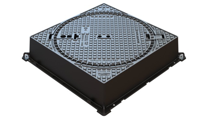[EJTCA.200BENOR-T9] EJ Schachtabdeckung aus Gusseisen, Durchmesser 700 mm – T400 – sichtbarer quadratischer Rahmen – Höhe 200 mm, BENOR (Typ 9)