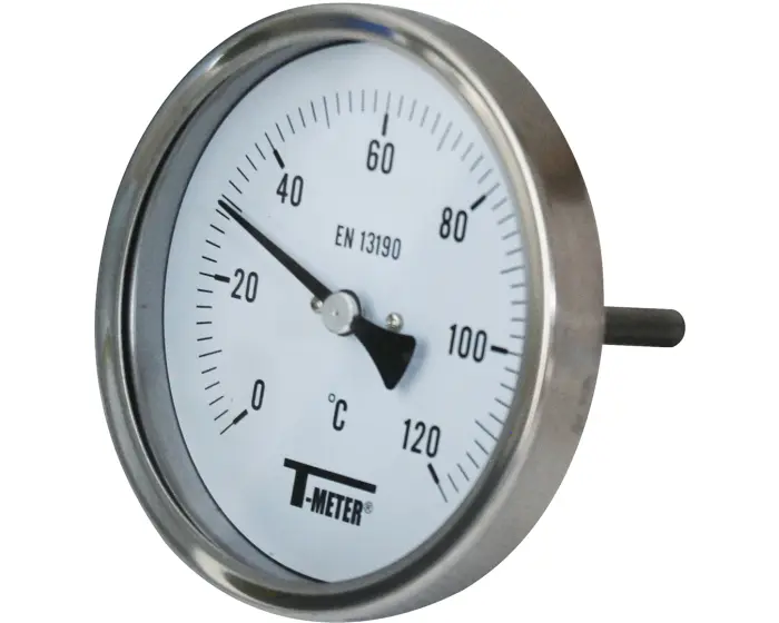 [THEAXI-30'50.77] 1685 Axiaalthermometer uit Edelstahl, Durchmesser 100 mm, Sonde bij 77 mm, 1/2" Außengewinde (-30°C/50°C)