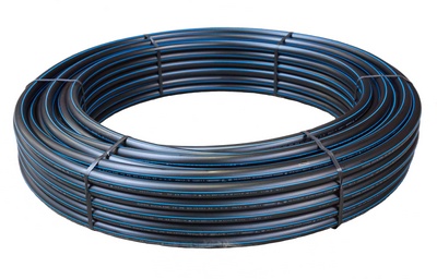 [PETUY25.50NB] PE100 SDR11 PN16 HDPE-Rohr in Rolle (50m, Schwarzes Rohr mit blauen Streifen, 25 x 2.3mm)
