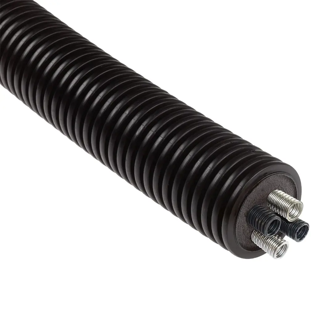 Terrendis geïsoleerde warmtepompleiding: 2x 32mm roestvrijstalen gegolfde buis + 2x 32mm mantel